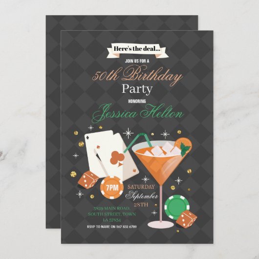 ラスベガス誕生日サイコロチップスマルティーニパーティー 招待状 (正面/裏面)