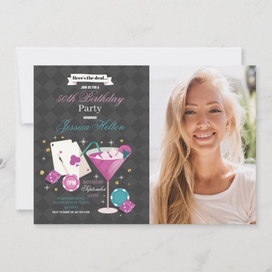 ラスベガス誕生日サイコロチップス写真パーティー 招待状 (正面)