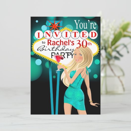 ラスベガス30歳誕生日パーティーティール(緑がかった色) 招待状 (スタンド正面)