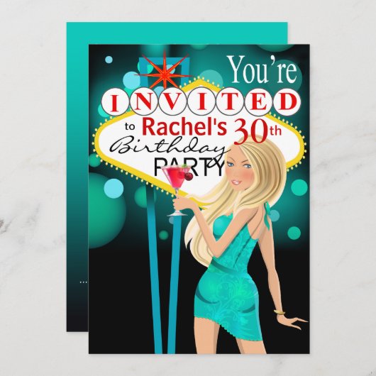 ラスベガス30歳誕生日パーティーティール（緑がかった色） 招待状 (正面/裏面)