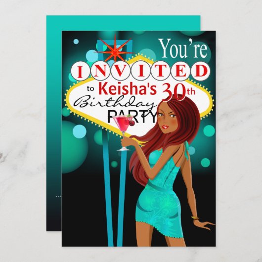 ラスベガス30歳誕生日パーティーティール（緑がかった色） 招待状 (正面/裏面)