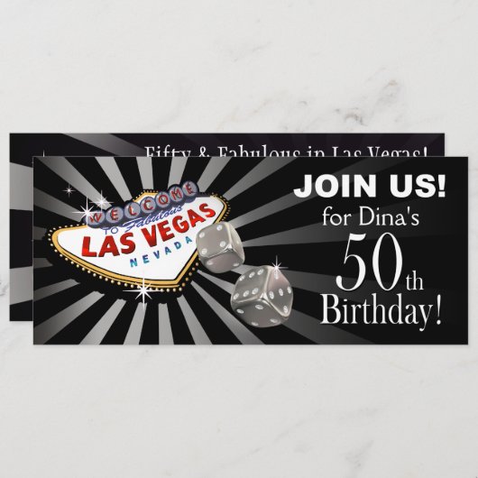 ラスベガス スターバースト 50歳 誕生日 黒 銀 招待状 (正面/裏面)
