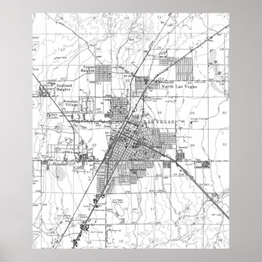 ラスベガス・ネバダのヴィンテージ地図（1952年） BW ポスター (正面)