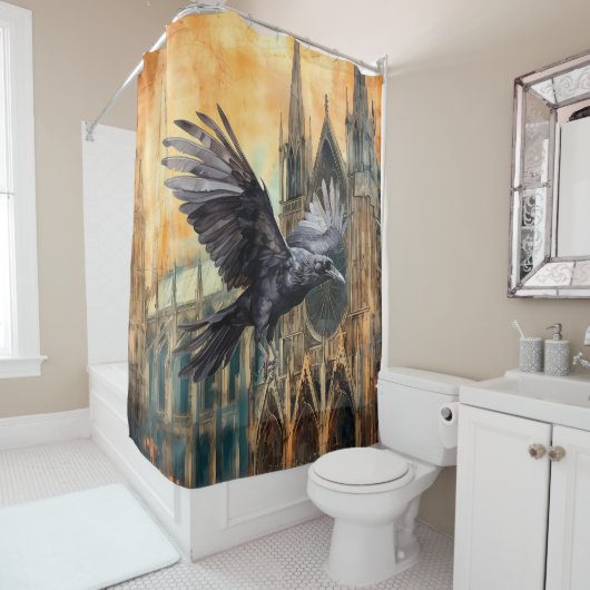 ラス飛んでいるンと中世ゴシック様式の大聖堂 シャワーカーテン (インサイチュ)
