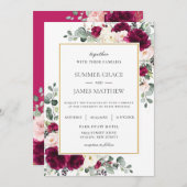 ラズベリエレガントー赤面ピンクアイボリーフローラ結婚ズ 招待状 (正面/裏面)