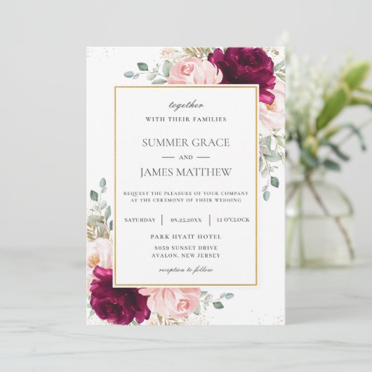 ラズベリエレガントー赤面ピンクローズフローラズ結婚 招待状 (スタンド正面)