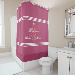 ラズベリーおよび珊瑚の最初の白のストライプのBath シャワーカーテン