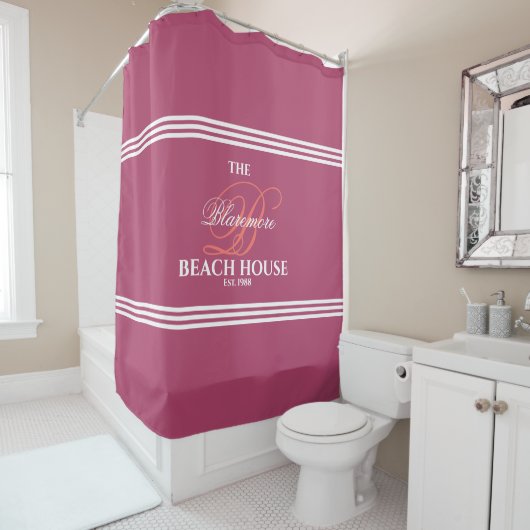 ラズベリーおよび珊瑚の最初の白のストライプのBath シャワーカーテン (インサイチュ)