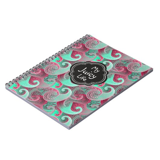 ラズベリーとアクアペイズリーパターンジューシーな生活 ノートブック (左側)