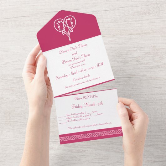 ラズベリーのケルト織りハート オールインワン招待状 (貼ってはがせる)