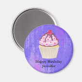 ラズベリーオントップ誕生日のスイートカップケーキ マグネット (正面/裏面)
