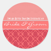 ラズベリーオンピンクコーラルダマスウェディングステッカー ラウンドシール (正面)