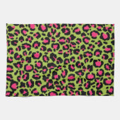 ラズベリーオンライムグリーンにヒョウ柄 キッチンタオル (横)