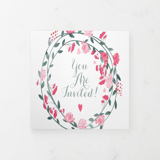 ラズベリーソルベットピンク牡丹結婚フローラ 三つ折り招待状 (カバー)