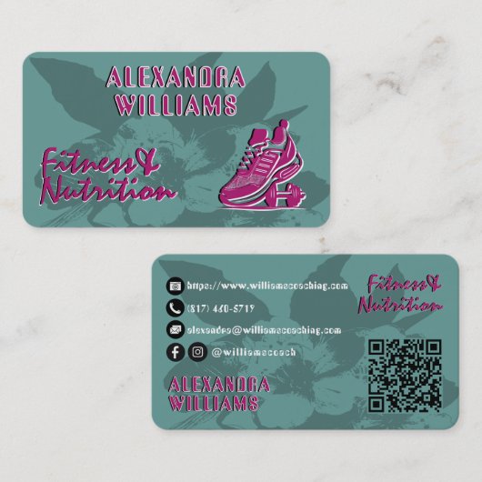 ラズベリーティール（緑がかった色）栄えたフィットネス&栄養 名刺 (正面/裏面)