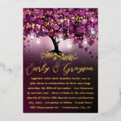 ラズベリーパープルハートリーフツリー金ゴールド結婚ズ 箔招待状 (正面)