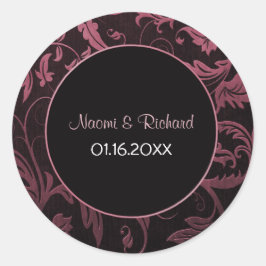ラズベリーピンクとブラックダマスコウェディングシール ラウンドシール