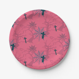 ラズベリーピンクのクモの巣、不気味な木と墓 ペーパープレート