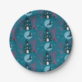 ラズベリーピンクの木々のハロウィーンのシーン ペーパープレート