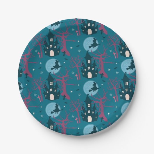 ラズベリーピンクの木々のハロウィーンのシーン ペーパープレート (正面)