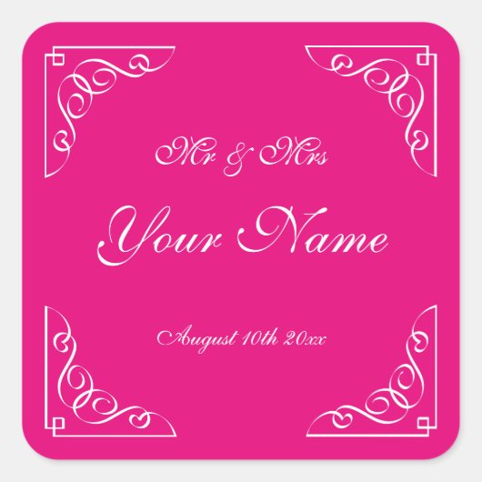 ラズベリーピンクエレガント縁ど結婚式用シール スクエアシール (正面)