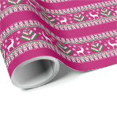ラズベリーピンクグリーンとホワイトフェアアイルクリスマス ラッピングペーパー (ロールコーナー)