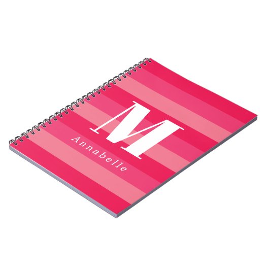 ラズベリーピンクストライプカスタムモノグラム名 ノートブック (左側)