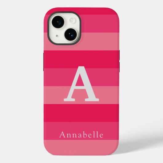 ラズベリーピンクストライプカスタムモノグラム名 Case-Mate iPhoneケース (裏面)