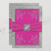 ラズベリーピンク&ピューターモノグラムの招待状 招待状 (正面/裏面)