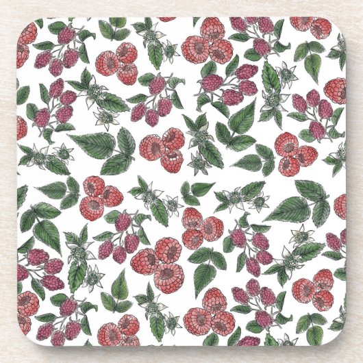 ラズベリーフルーツ葉イラストレーションパターン コースター (正面)