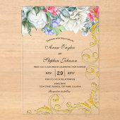 ラズベリーホワイトブルーピンク金ゴールド渦巻き植物体 アクリル招待状 (正面)