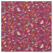 ラズベリーレッドボホ花と鳥 ファブリック (クローズアップ)