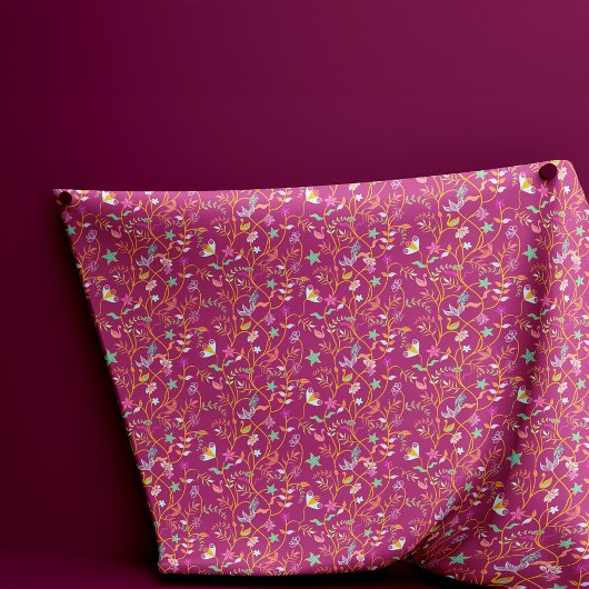 ラズベリーレッドボホ花と鳥 ファブリック