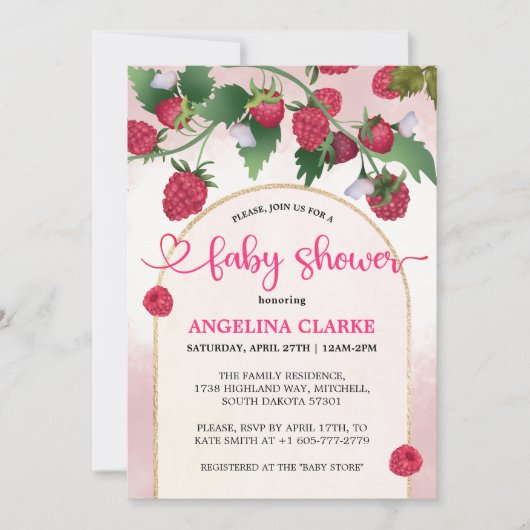 ラズベリー甘い水の色の女の子ベビーシャワー 招待状 (正面)