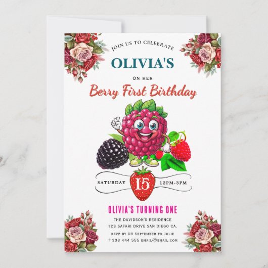 ラズベリー誕生日パーティーの招待 招待状 (正面)