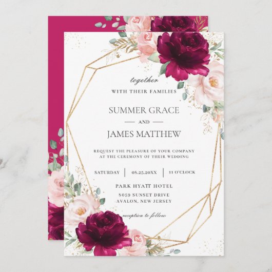 ラズベリー赤面ピンクローズフローラジオメトリック結婚ス 招待状 (正面/裏面)