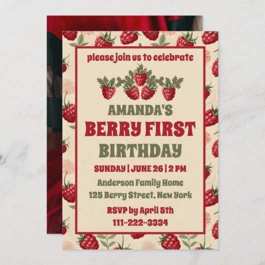 ラズベリー1st誕生日パーティーBerry First Photo 招待状 (正面/裏面)
