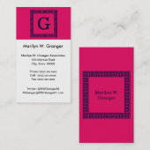 ラズベリー、ネイビーブルーギリシャ鍵#1フレームモノグラム 名刺 (正面/裏面)