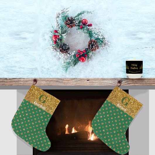 ラズルダズルクリスマスグリッター水玉模様グリーン ラージクリスマスストッキング