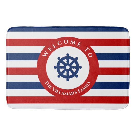 ラダー航海のネイビーブルーレッド白ストライプ色 バスマット (正面)