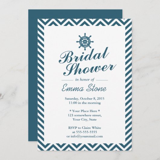ラダー航海のブルーシェブロンストライプブライダルシャワー 招待状 (正面/裏面)