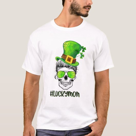 ラッキーおもしろいママスカルメッシーバンハッピーSt patricks Tシャツ (正面)