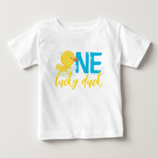 ラッキーなアヒルの水色ラバーアヒル1st誕生日 ベビーTシャツ (正面)