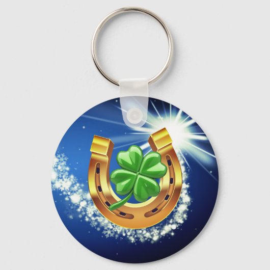 ラッキーな馬蹄形4葉クローバー射撃、 発砲スターブルー キーホルダー (正面)