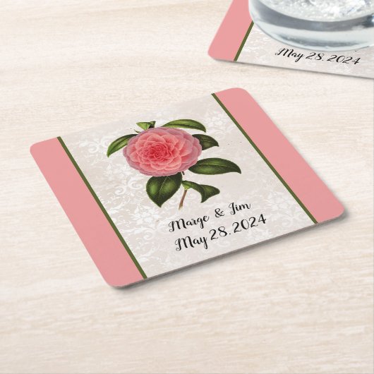 ラッキーに素敵なピンクの牡丹ダマスクと名前 スクエアペーパーコースター (アングル)