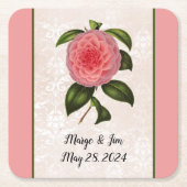 ラッキーに素敵なピンクの牡丹ダマスクと名前 スクエアペーパーコースター (正面)