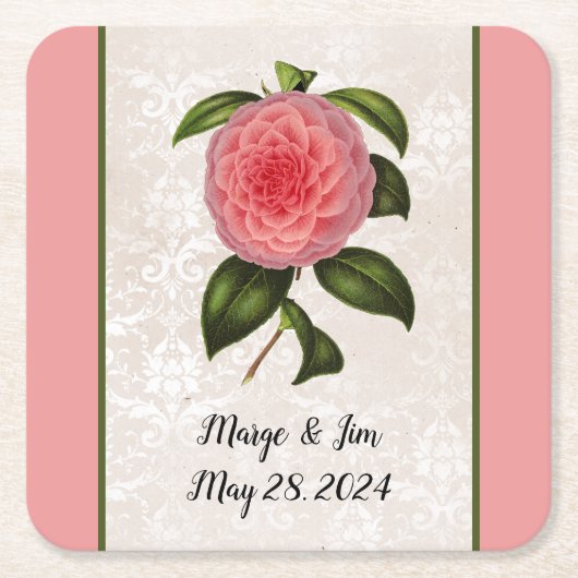 ラッキーに素敵なピンクの牡丹ダマスクと名前 スクエアペーパーコースター (正面)