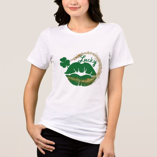 ラッキーアイリッシュキスグリーン金ゴールドSt patricks day トライブレンドTシャツ (正面)