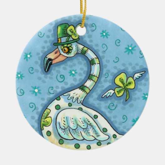 ラッキーアイルランド水玉模様フラミンゴおもしろい、バード2021 セラミックオーナメント (正面)