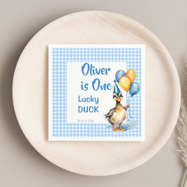 ラッキーアヒルのブルーギンガムの誕生日プリント スタンダードカクテルナプキン